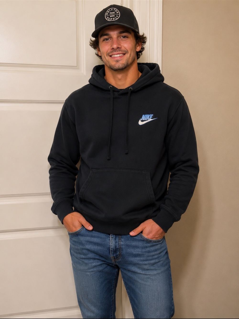 Nike Black Hoodie with White and Blue Swoosh